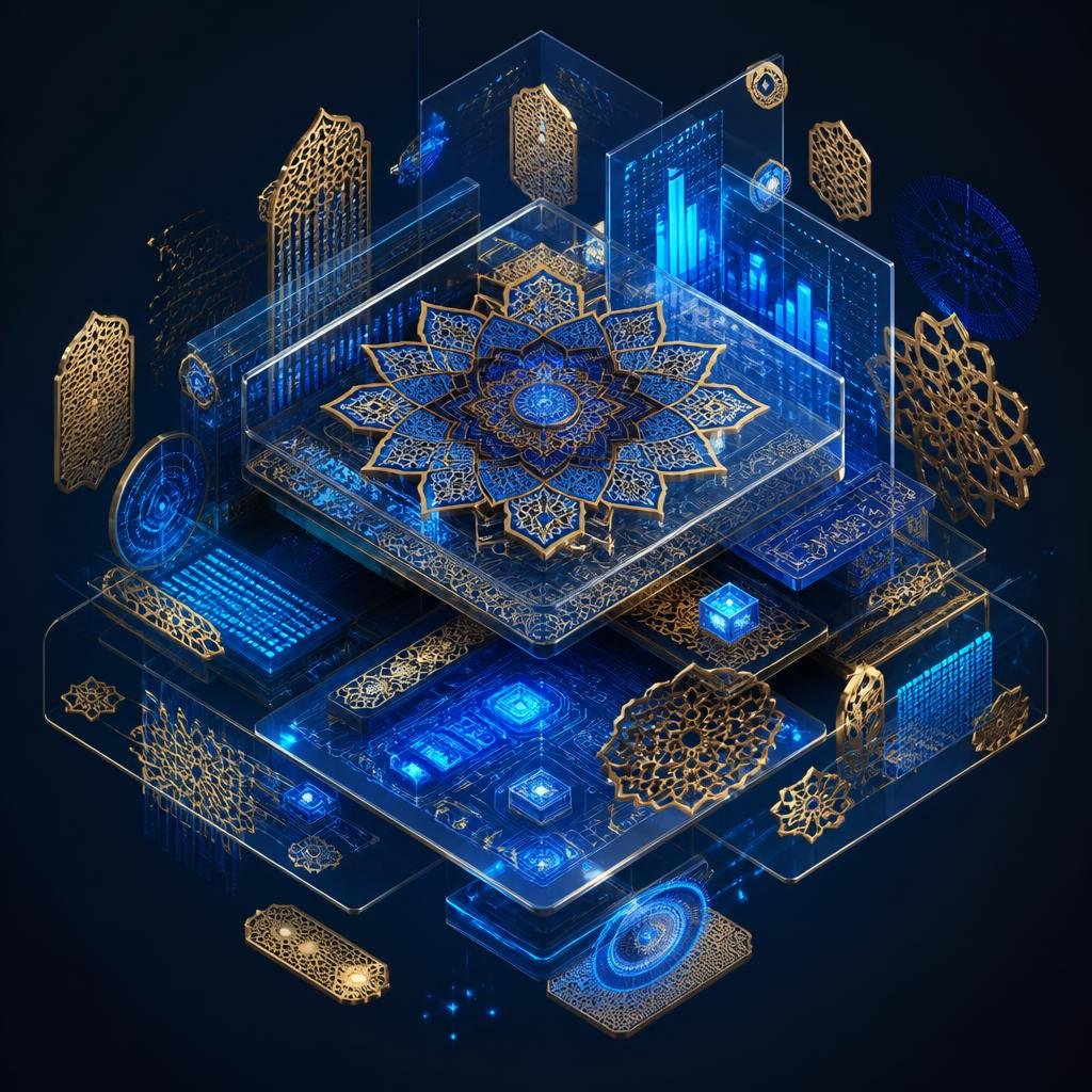 Isometric render of Indian geometric mandala motifs fused with futuristic technology layers